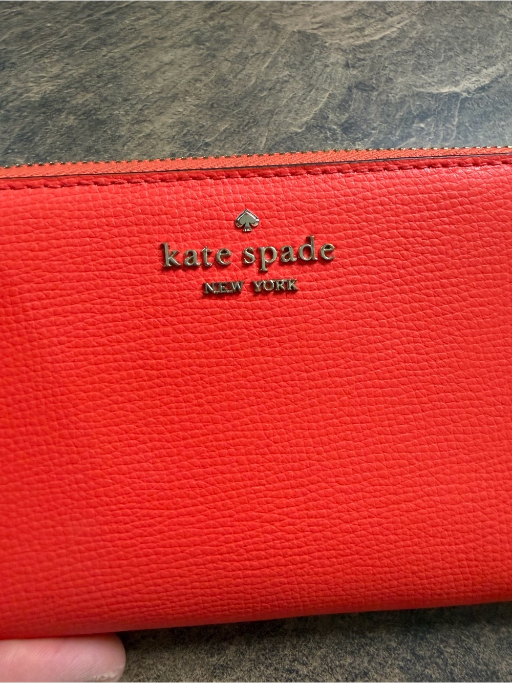 kate spade Orange Pebbled Leather Zip Wallet with Gold Logo